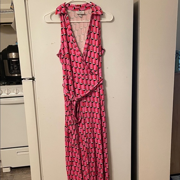 Diane Von Furstenberg Pants - Diane Von Furstenberg Small Pink Geometric Pants Jumpsuit Pockets Belt